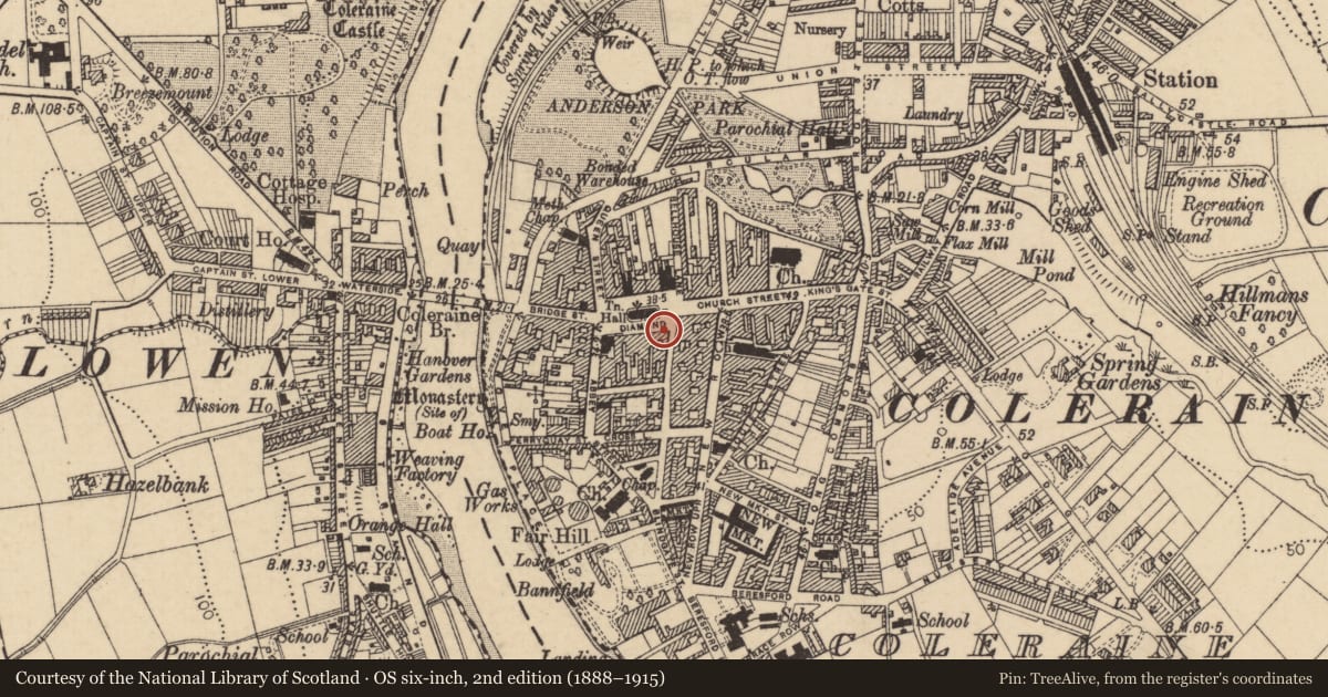 Ordnance Survey six-inch map, 2nd edition (1888–1915) covering the location of Bank of Ireland, Coleraine, Causeway Coast and Glens, with a pin at the register's coordinates