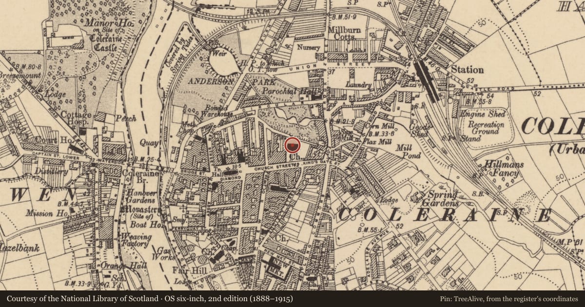 Ordnance Survey six-inch map, 2nd edition (1888–1915) covering the location of St Patrick's Church, Coleraine & suburbs, Causeway Coast and Glens, with a pin at the register's coordinates