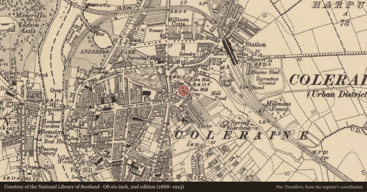 Ordnance Survey six-inch map, 2nd edition (1888–1915) covering the location of Northern Constitution, Coleraine & Suburbs, Causeway Coast and Glens, with a pin at the register's coordinates