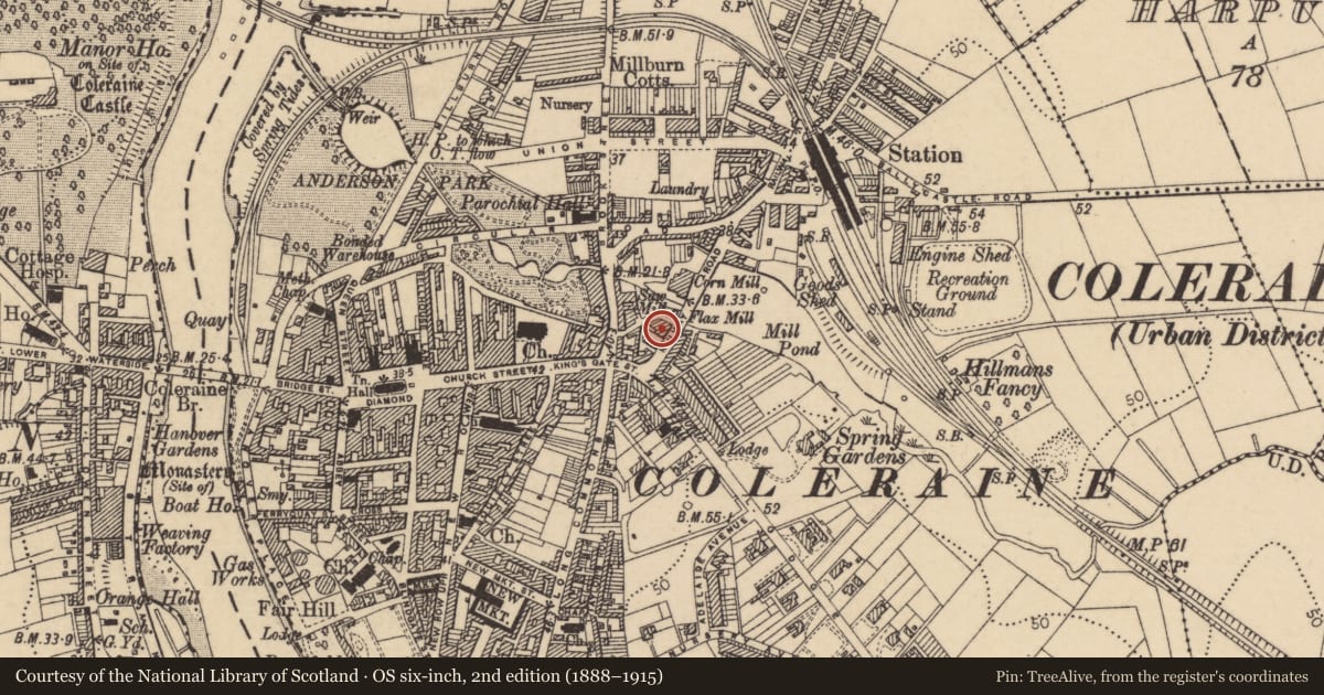 Ordnance Survey six-inch map, 2nd edition (1888–1915) covering the location of Northern Constitution, 18 Railway Road, Coleraine, Co Londonderry, BT51 1PD, Causeway Coast and Glens, with a pin at the register's coordinates