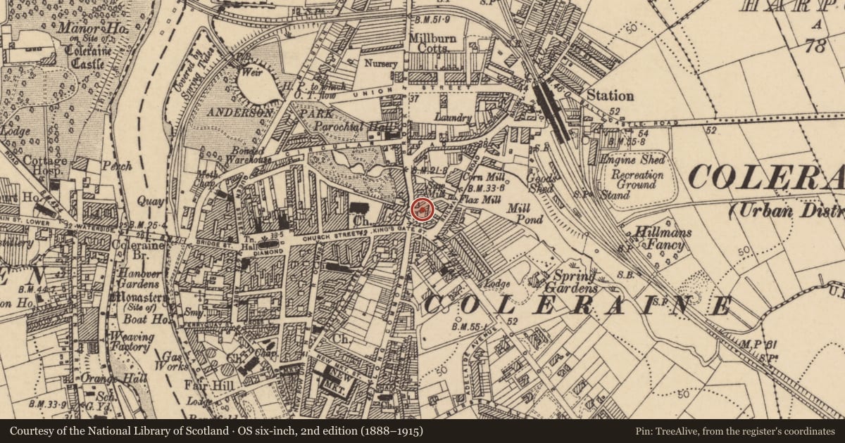 Ordnance Survey six-inch map, 2nd edition (1888–1915) covering the location of Warehouse, Coleraine & Suburbs, Causeway Coast and Glens, with a pin at the register's coordinates
