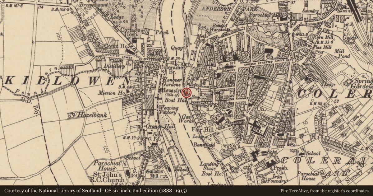 Ordnance Survey six-inch map, 2nd edition (1888–1915) covering the location of Bann Rowing Club, Coleraine & suburbs, Causeway Coast and Glens, with a pin at the register's coordinates
