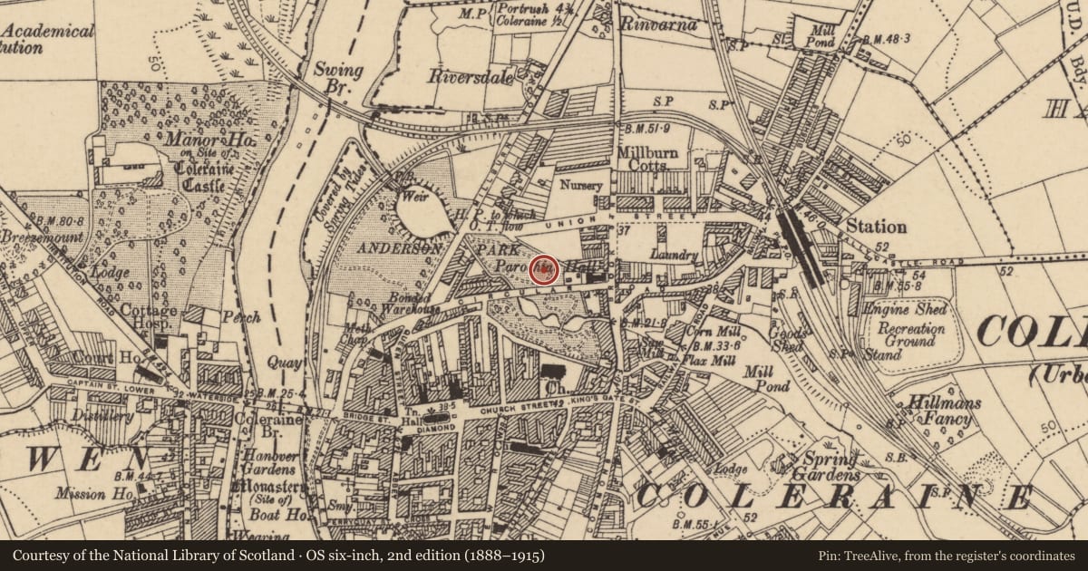 Ordnance Survey six-inch map, 2nd edition (1888–1915) covering the location of Anderson Fountain, Coleraine & suburbs, Causeway Coast and Glens, with a pin at the register's coordinates