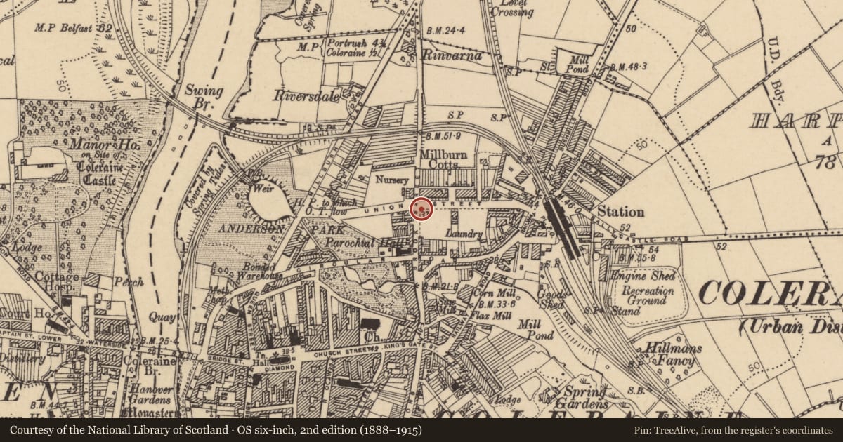 Ordnance Survey six-inch map, 2nd edition (1888–1915) covering the location of Coleraine Orange Hall, Coleraine and Suburbs, Causeway Coast and Glens, with a pin at the register's coordinates