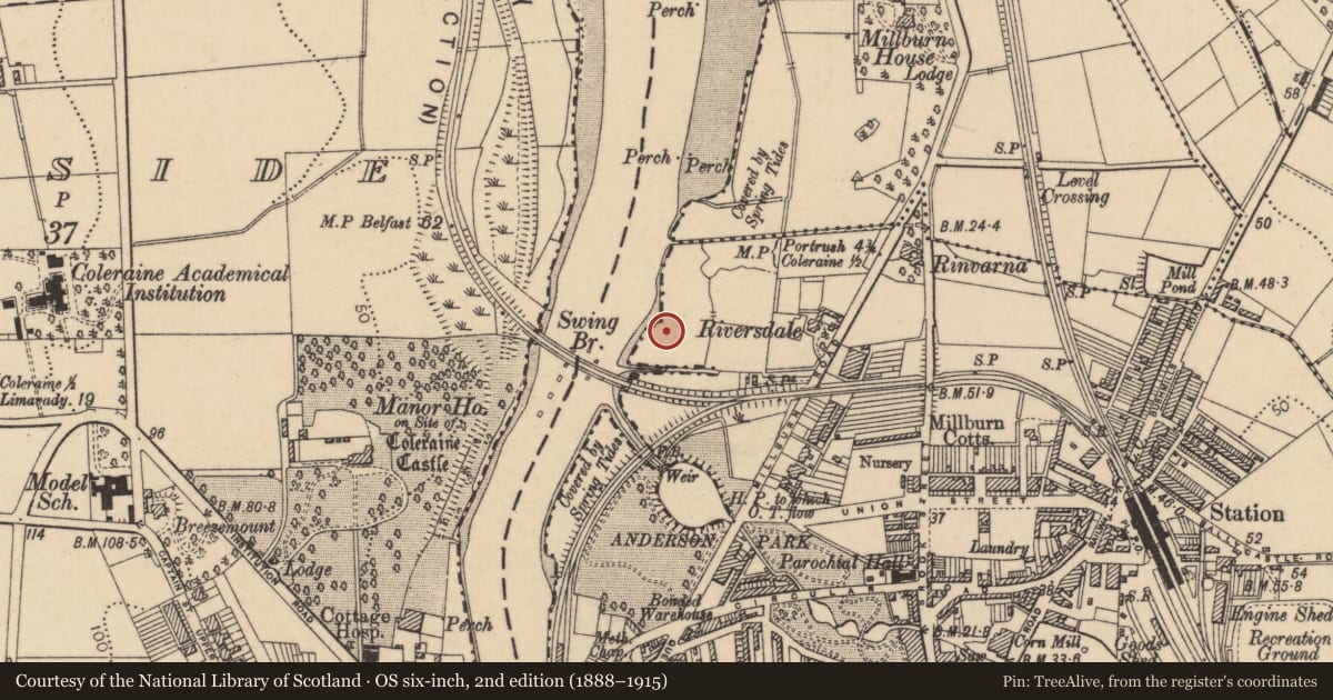Ordnance Survey six-inch map, 2nd edition (1888–1915) covering the location of Coleraine Harbour, Coleraine and Suburbs/Millburn, Causeway Coast and Glens, with a pin at the register's coordinates