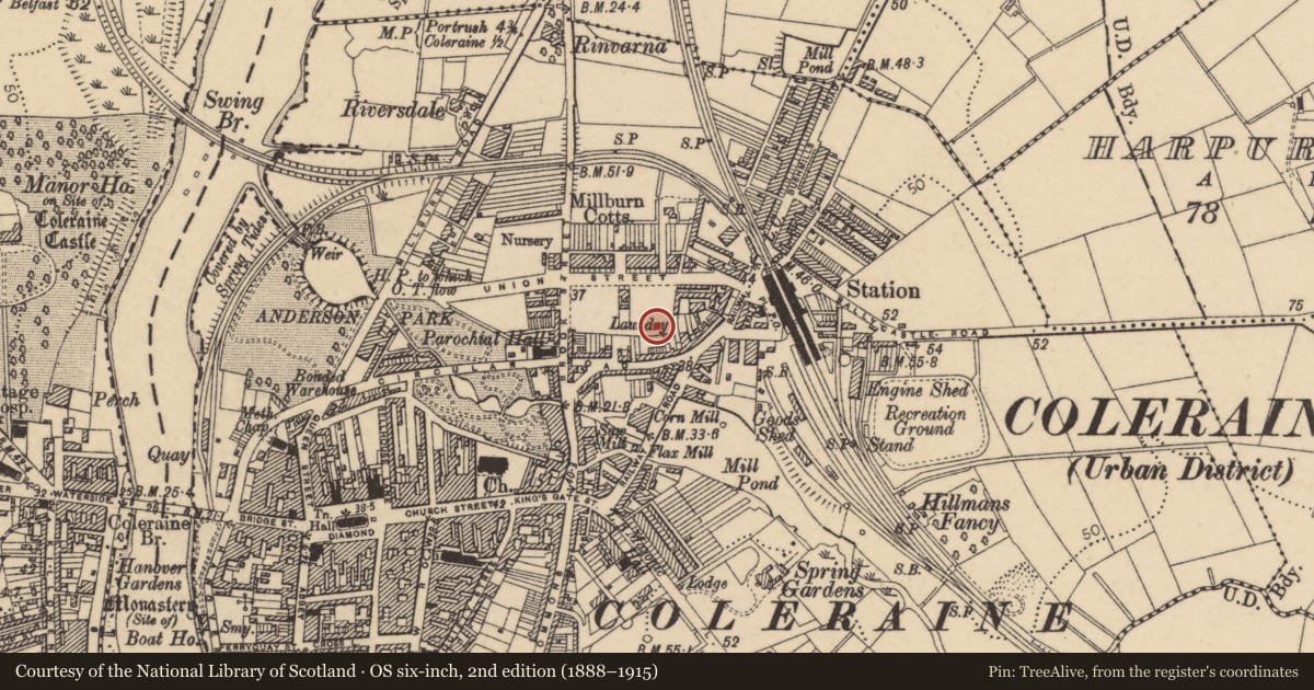 Ordnance Survey six-inch map, 2nd edition (1888–1915) covering the location of Warehouse, Coleraine and Suburbs, Causeway Coast and Glens, with a pin at the register's coordinates