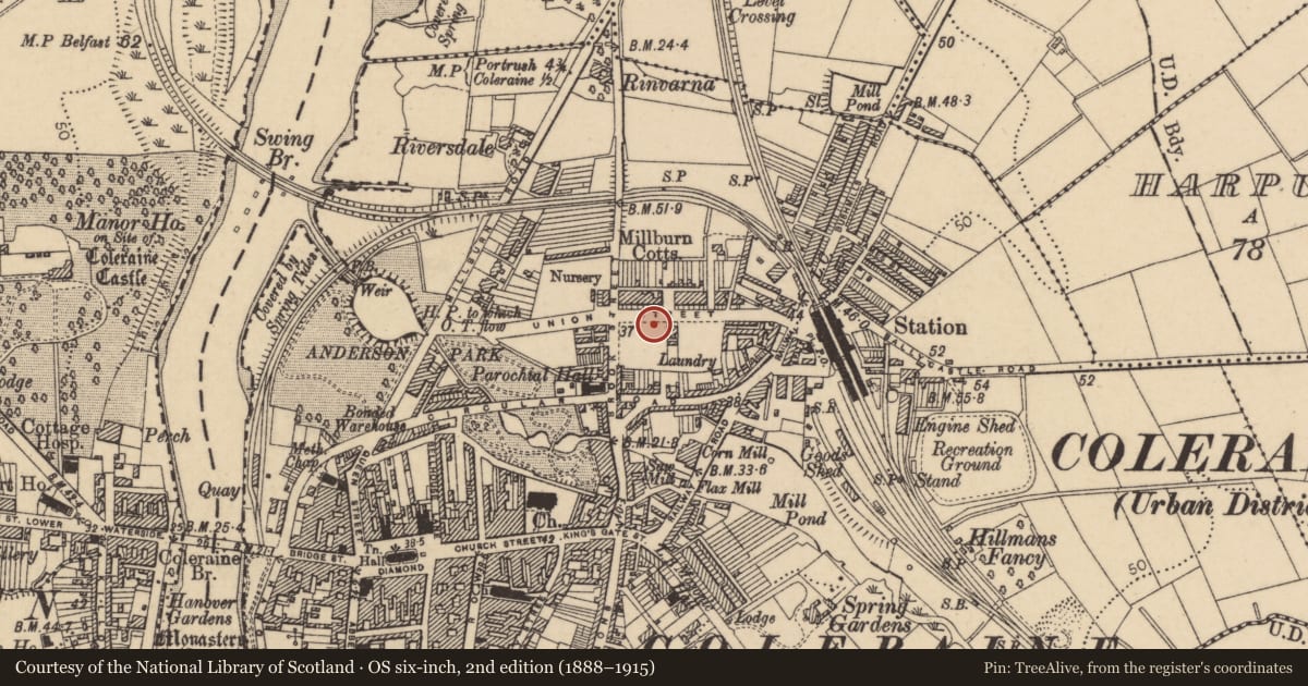 Ordnance Survey six-inch map, 2nd edition (1888–1915) covering the location of Shop ('Carparts'), Coleraine and Suburbs, Causeway Coast and Glens, with a pin at the register's coordinates