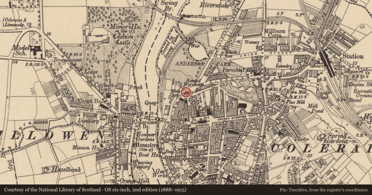 Ordnance Survey six-inch map, 2nd edition (1888–1915) covering the location of Coleraine Library, Coleraine & Suburbs, Causeway Coast and Glens, with a pin at the register's coordinates