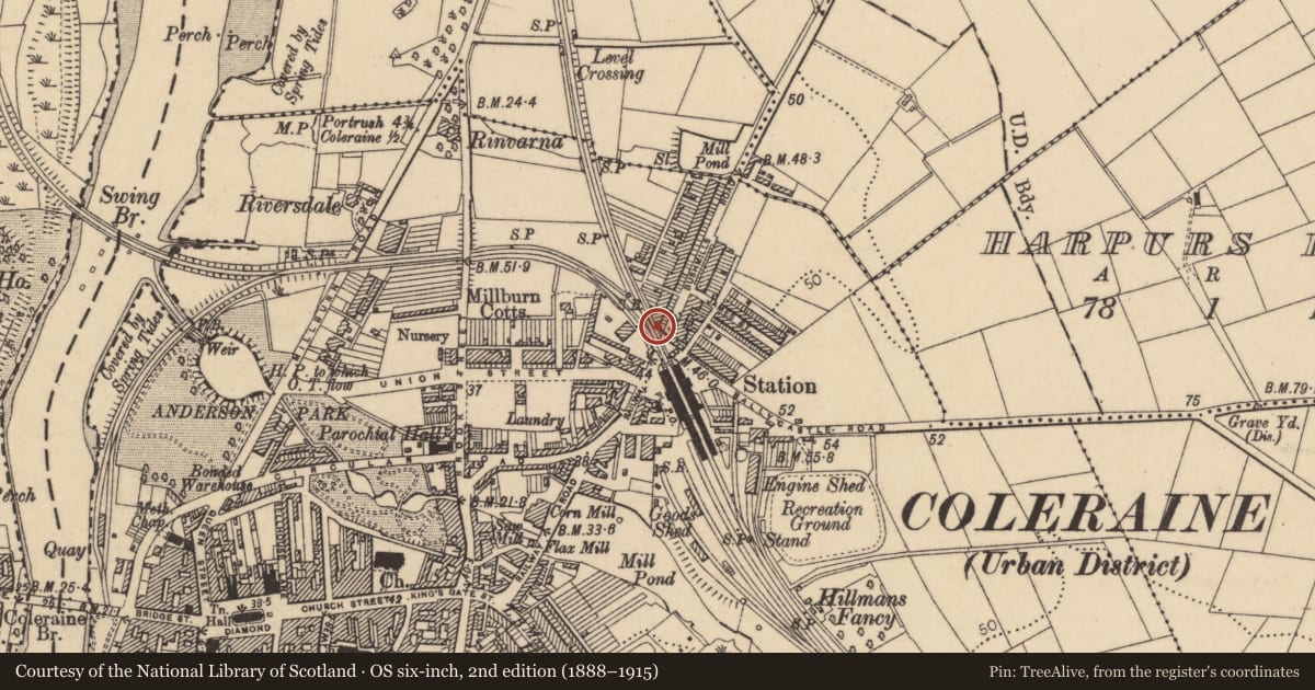 Ordnance Survey six-inch map, 2nd edition (1888–1915) covering the location of Signal Box, Beside 2 Bushmills Road, Coleraine, Co Londonderry, BT52 2BN, Causeway Coast and Glens, with a pin at the register's coordinates