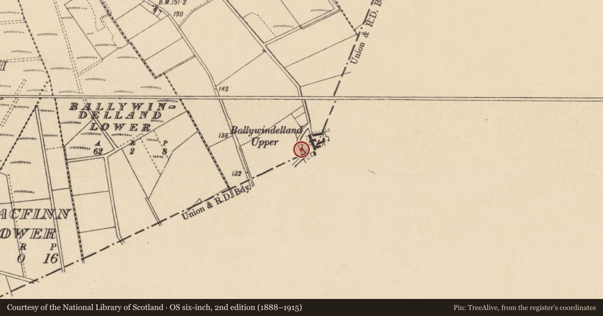 Ordnance Survey six-inch map, 2nd edition (1888–1915) covering the location of County Boundary Stone, 27 Ballywindelland Road, Ballywindelland Lower, Ballymoney, Co Londonderry, BT53 6QT, Causeway Coast and Glens, with a pin at the register's coordinates