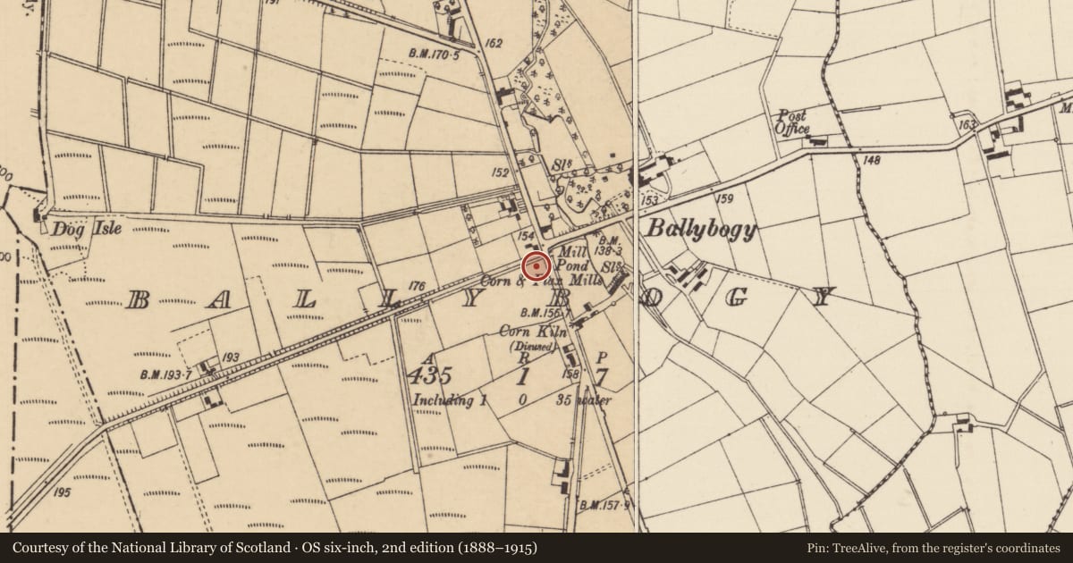 Ordnance Survey six-inch map, 2nd edition (1888–1915) covering the location of K6 Telephone Kiosk, Ballybogy, with a pin at the register's coordinates