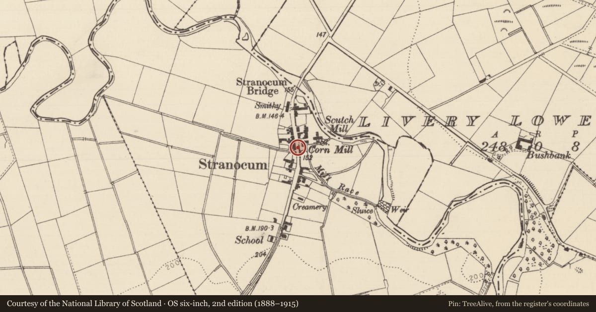 Ordnance Survey six-inch map, 2nd edition (1888–1915) covering the location of K6 Telephone Kiosk, Stranocum, with a pin at the register's coordinates