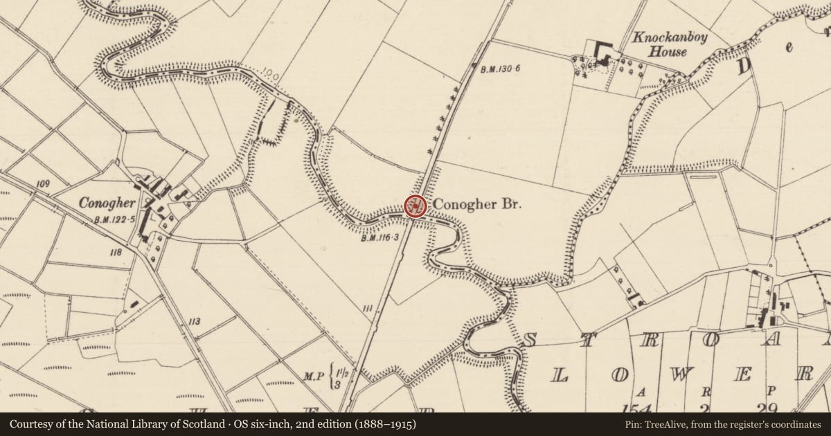 Ordnance Survey six-inch map, 2nd edition (1888–1915) covering the location of Conogher Bridge, Causeway Coast and Glens, with a pin at the register's coordinates