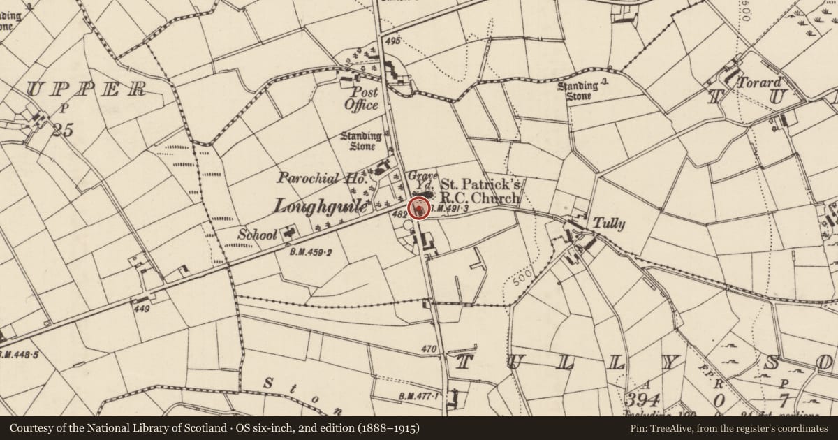 Ordnance Survey six-inch map, 2nd edition (1888–1915) covering the location of 2 Corkey Road, Causeway Coast and Glens, with a pin at the register's coordinates