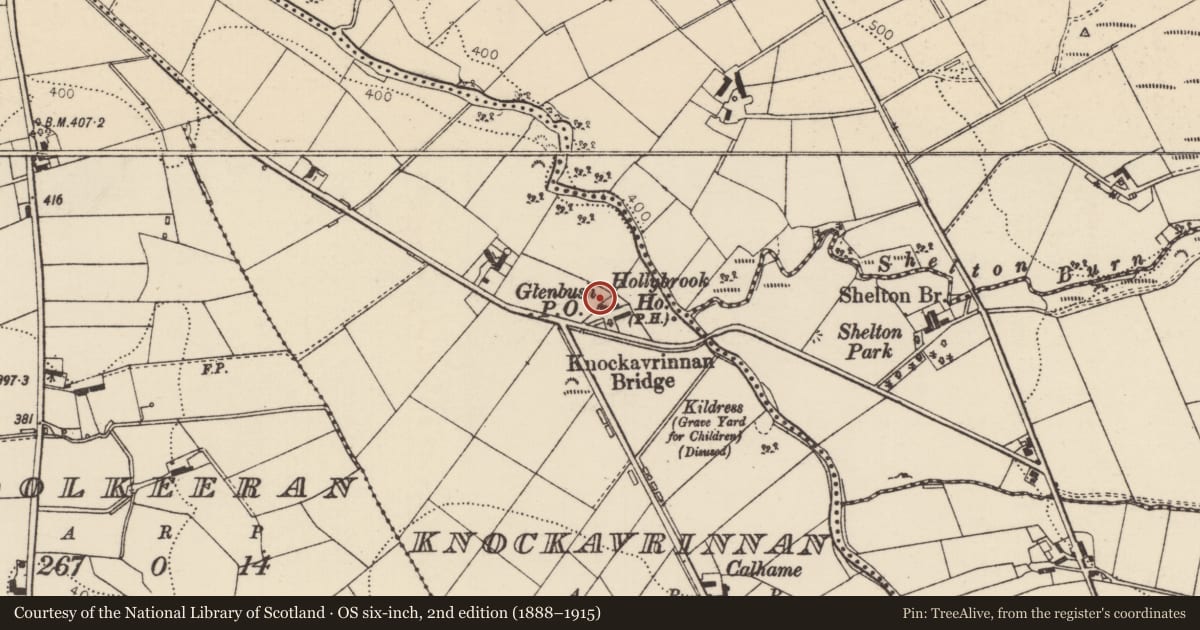 Ordnance Survey six-inch map, 2nd edition (1888–1915) covering the location of K6 Telephone Kiosk, Knockavrinnan, with a pin at the register's coordinates