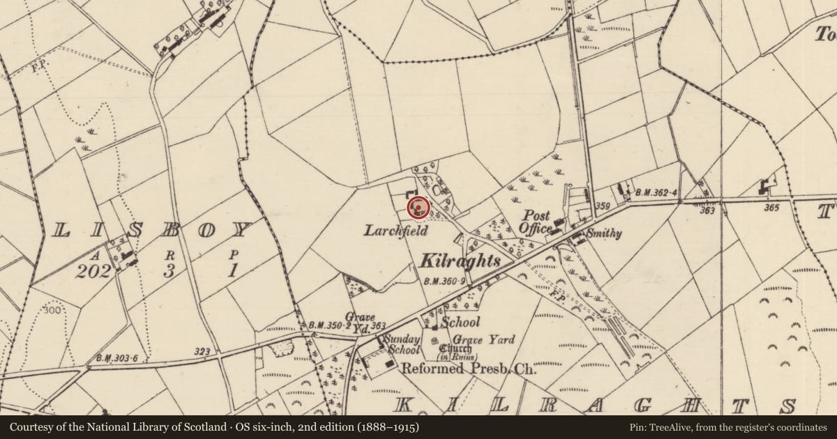 Ordnance Survey six-inch map, 2nd edition (1888–1915) covering the location of LARCHFIELD, Causeway Coast and Glens, with a pin at the register's coordinates