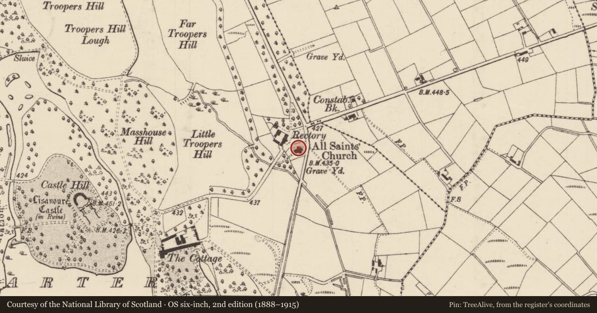 Ordnance Survey six-inch map, 2nd edition (1888–1915) covering the location of All Saints Church, Causeway Coast and Glens, with a pin at the register's coordinates