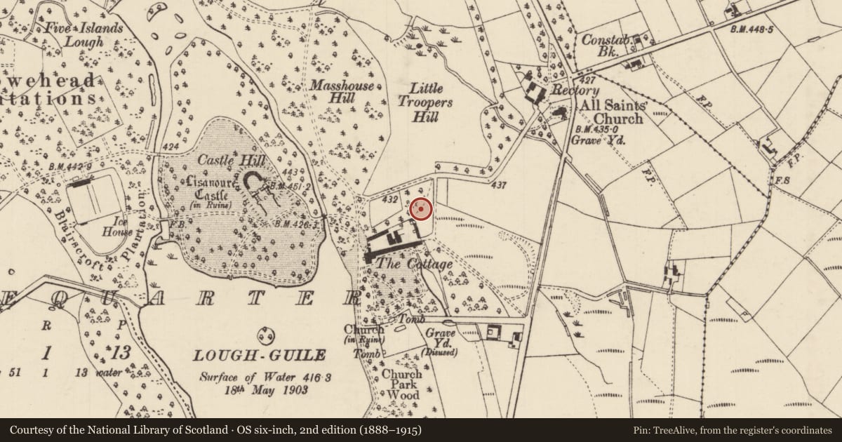 Ordnance Survey six-inch map, 2nd edition (1888–1915) covering the location of Lissanoure Cottage, Causeway Coast and Glens, with a pin at the register's coordinates