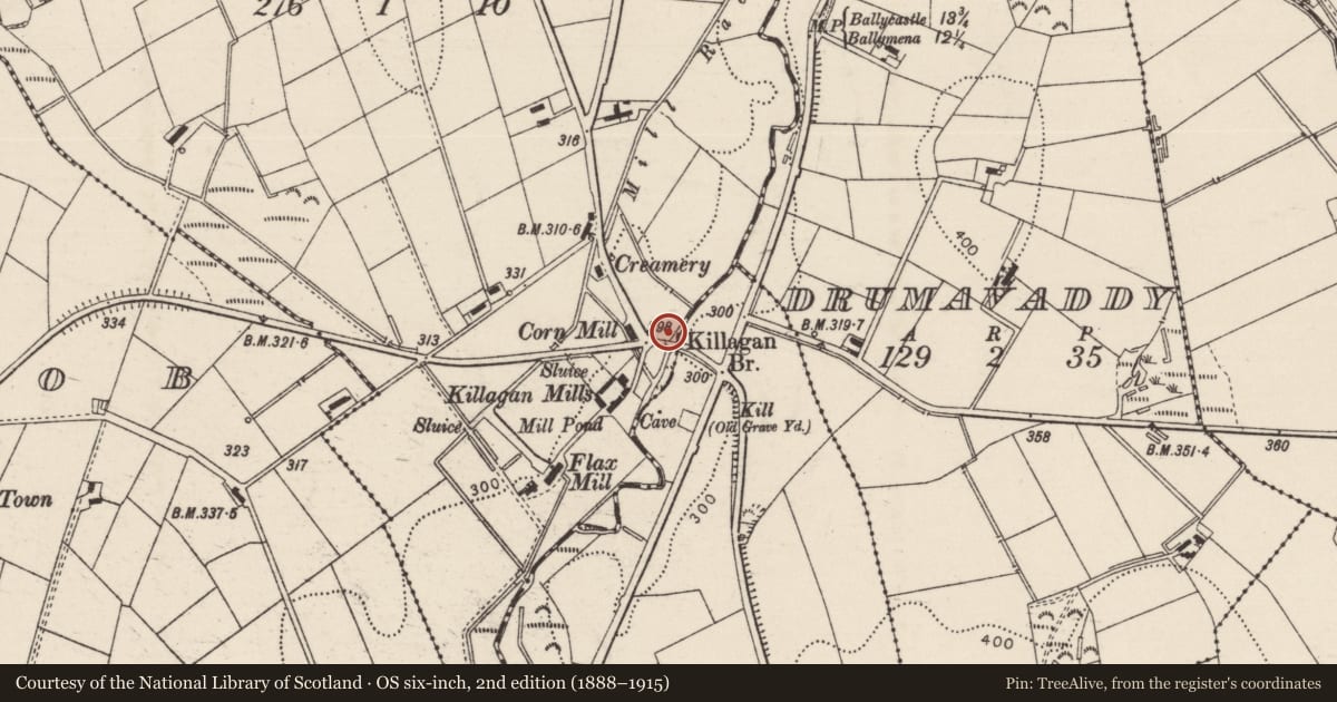 Ordnance Survey six-inch map, 2nd edition (1888–1915) covering the location of Killagan Bridge, Causeway Coast and Glens, with a pin at the register's coordinates