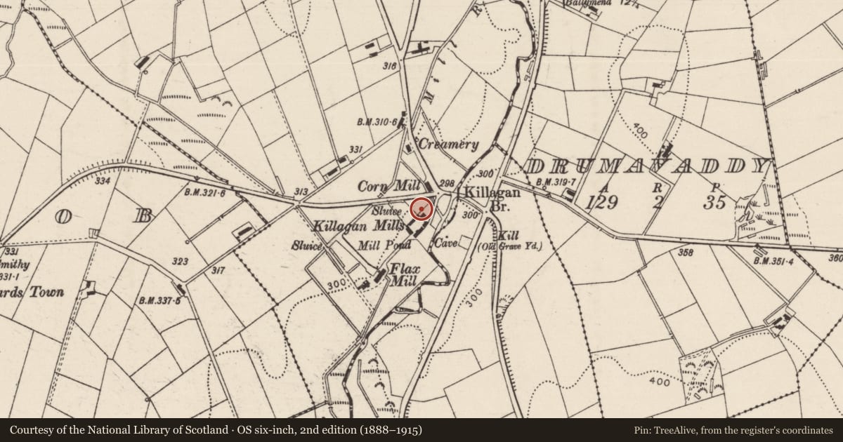 Ordnance Survey six-inch map, 2nd edition (1888–1915) covering the location of Killagan Cottage, Causeway Coast and Glens, with a pin at the register's coordinates