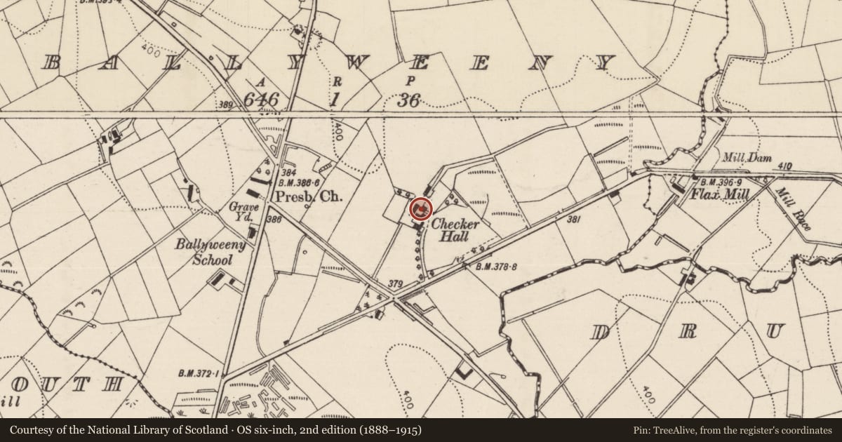 Ordnance Survey six-inch map, 2nd edition (1888–1915) covering the location of Checker Hall, Causeway Coast and Glens, with a pin at the register's coordinates