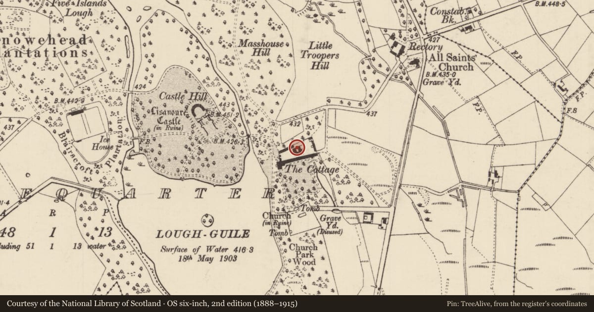 Ordnance Survey six-inch map, 2nd edition (1888–1915) covering the location of Conservatory And Garden House, Causeway Coast and Glens, with a pin at the register's coordinates