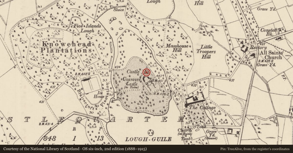 Ordnance Survey six-inch map, 2nd edition (1888–1915) covering the location of The Stables And Old Castle, Causeway Coast and Glens, with a pin at the register's coordinates