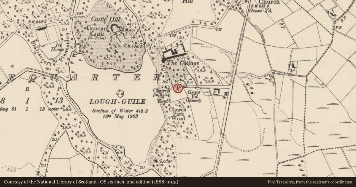 Ordnance Survey six-inch map, 2nd edition (1888–1915) covering the location of The Old Church (ruins), Causeway Coast and Glens, with a pin at the register's coordinates