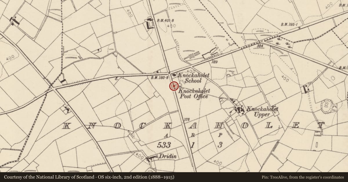 Ordnance Survey six-inch map, 2nd edition (1888–1915) covering the location of K6 Telephone Kiosk, Knockaholet, with a pin at the register's coordinates