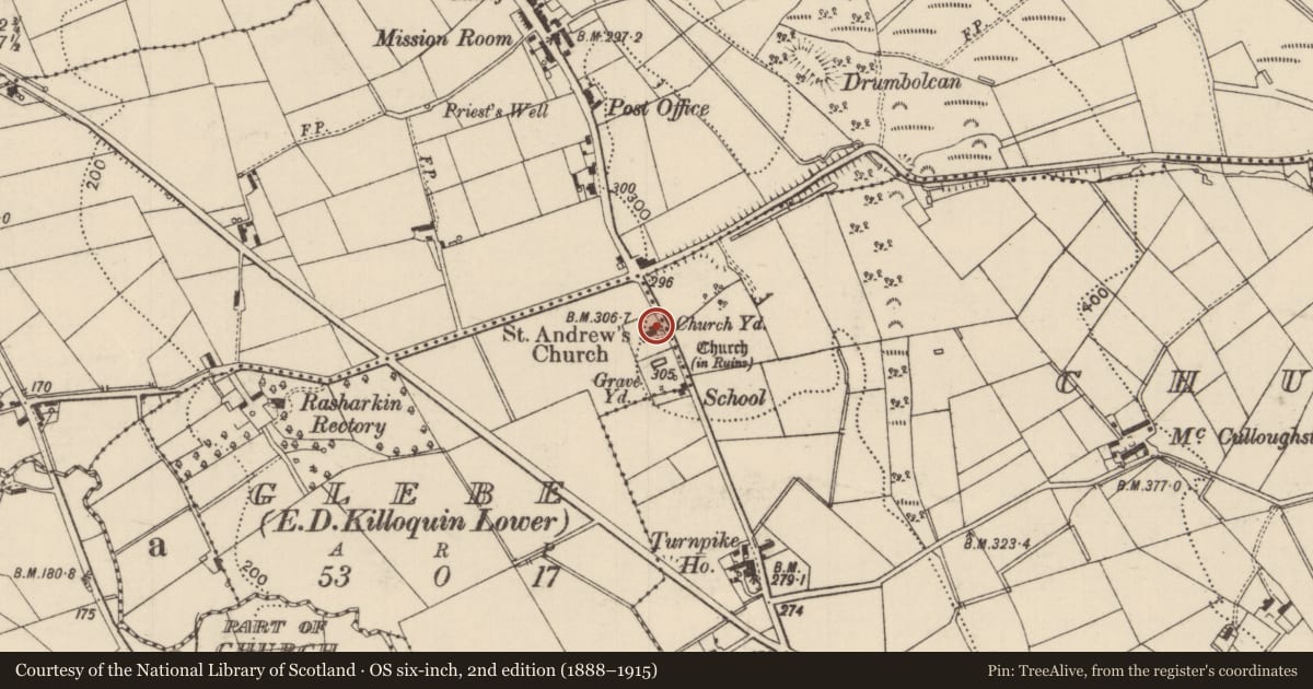 Ordnance Survey six-inch map, 2nd edition (1888–1915) covering the location of St. Andrew'S Church, Causeway Coast and Glens, with a pin at the register's coordinates