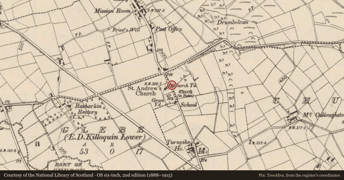 Ordnance Survey six-inch map, 2nd edition (1888–1915) covering the location of Walling At St. Andrew'S Church, Causeway Coast and Glens, with a pin at the register's coordinates