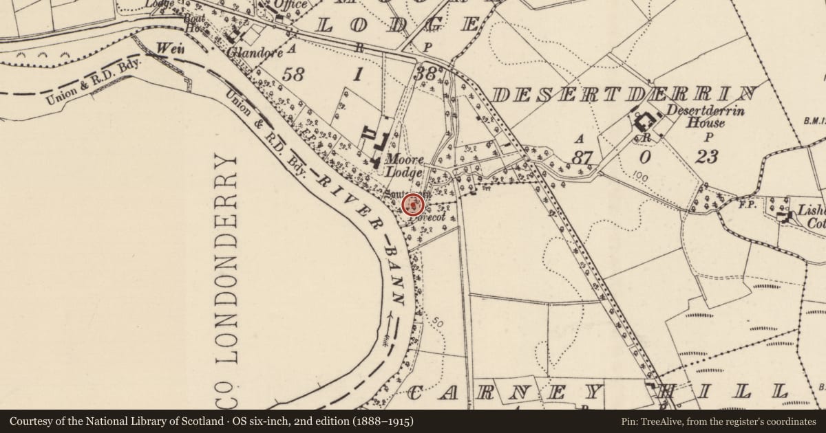 Ordnance Survey six-inch map, 2nd edition (1888–1915) covering the location of Dove Cote at Moore Lodge, Causeway Coast and Glens, with a pin at the register's coordinates
