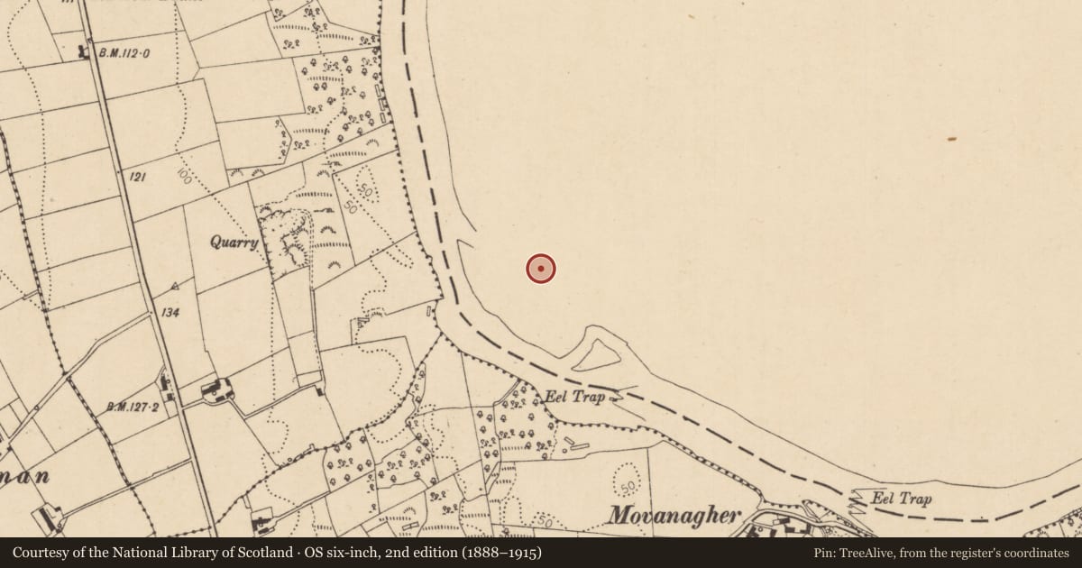 Ordnance Survey six-inch map, 2nd edition (1888–1915) covering the location of Movanagher Lock Artiloman, Causeway Coast and Glens, with a pin at the register's coordinates