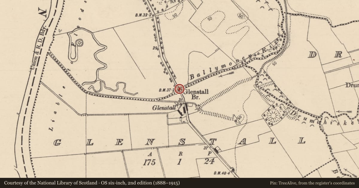 Ordnance Survey six-inch map, 2nd edition (1888–1915) covering the location of Glenstall Bridge, Causeway Coast and Glens, with a pin at the register's coordinates