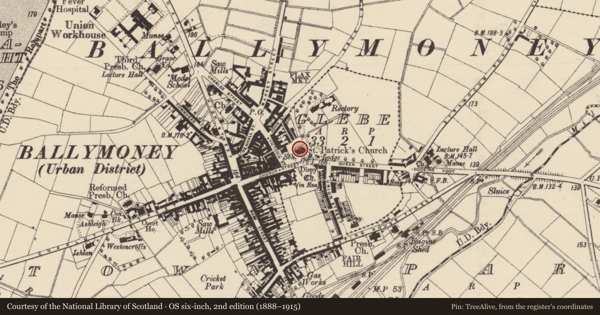 Ordnance Survey six-inch map, 2nd edition (1888–1915) covering the location of St. Patrick'S Parish Church, Causeway Coast and Glens, with a pin at the register's coordinates
