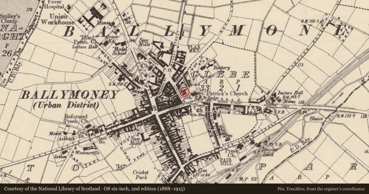 Ordnance Survey six-inch map, 2nd edition (1888–1915) covering the location of St Patrick's Church Hall (aka Old School House), Glebe, Causeway Coast and Glens, with a pin at the register's coordinates
