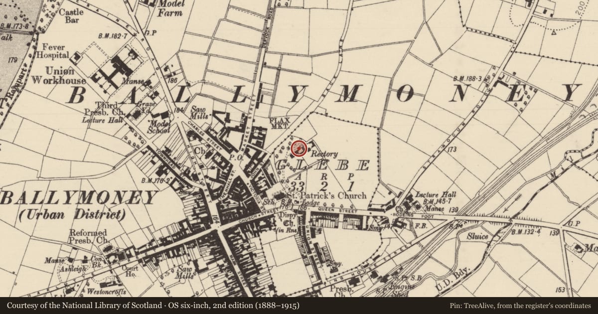 Ordnance Survey six-inch map, 2nd edition (1888–1915) covering the location of Ballymoney Rectory, Causeway Coast and Glens, with a pin at the register's coordinates