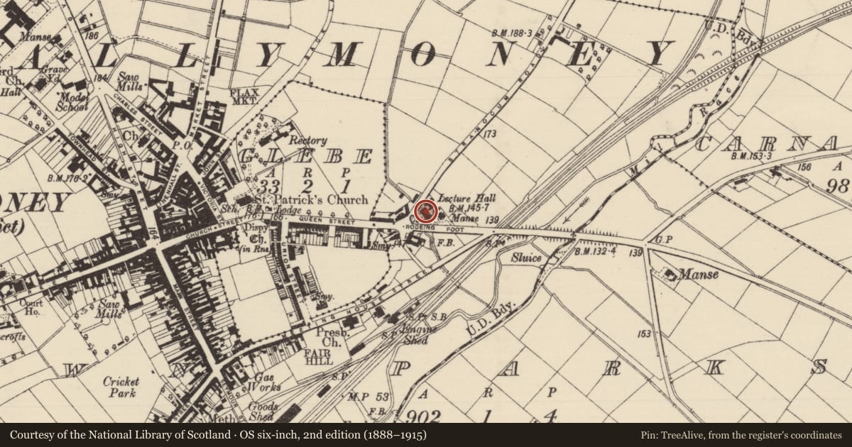 Ordnance Survey six-inch map, 2nd edition (1888–1915) covering the location of Trinity Church, Causeway Coast and Glens, with a pin at the register's coordinates
