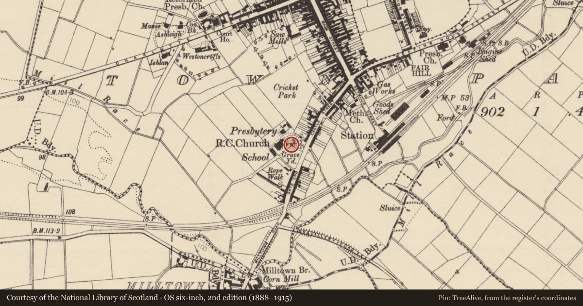 Ordnance Survey six-inch map, 2nd edition (1888–1915) covering the location of Kirgan Monument At Our Lady And St. Patrick R C CHURCH, Causeway Coast and Glens, with a pin at the register's coordinates