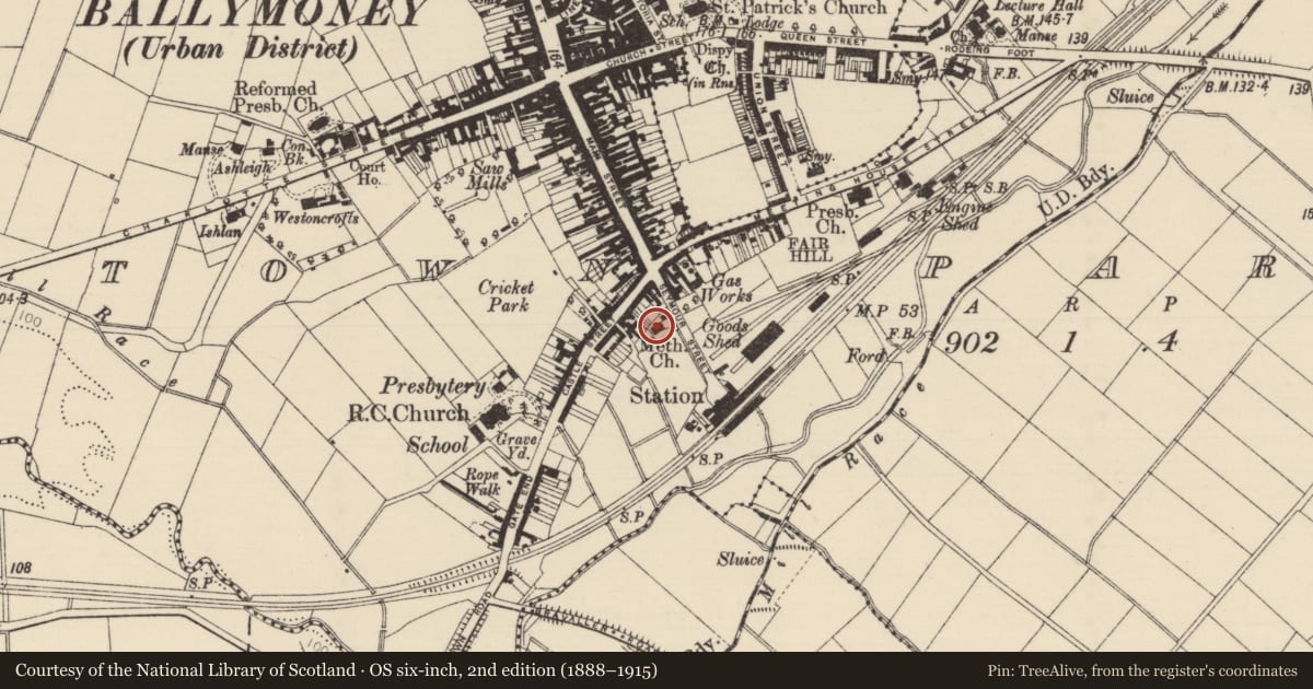Ordnance Survey six-inch map, 2nd edition (1888–1915) covering the location of Methodist Church, Causeway Coast and Glens, with a pin at the register's coordinates