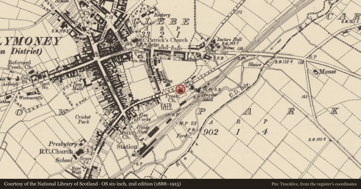 Ordnance Survey six-inch map, 2nd edition (1888–1915) covering the location of First Presbyterian Church, Causeway Coast and Glens, with a pin at the register's coordinates