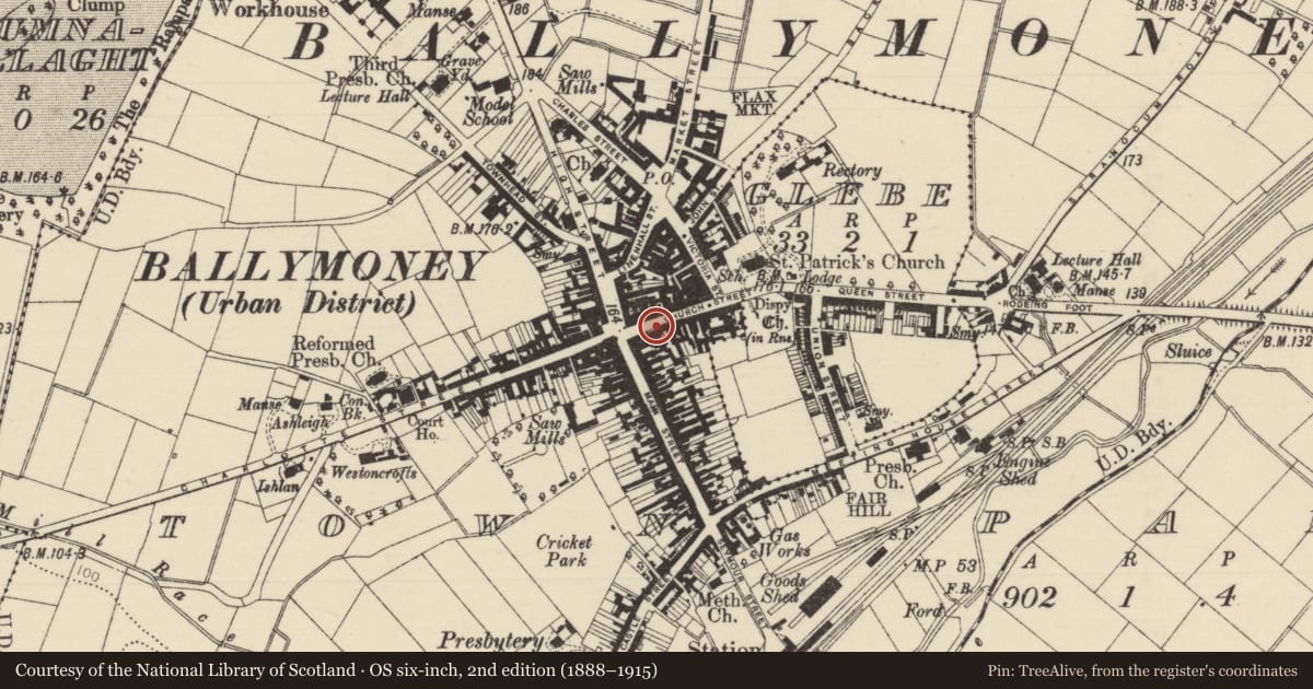 Ordnance Survey six-inch map, 2nd edition (1888–1915) covering the location of The Old Bankhouse Restaurant, Causeway Coast and Glens, with a pin at the register's coordinates