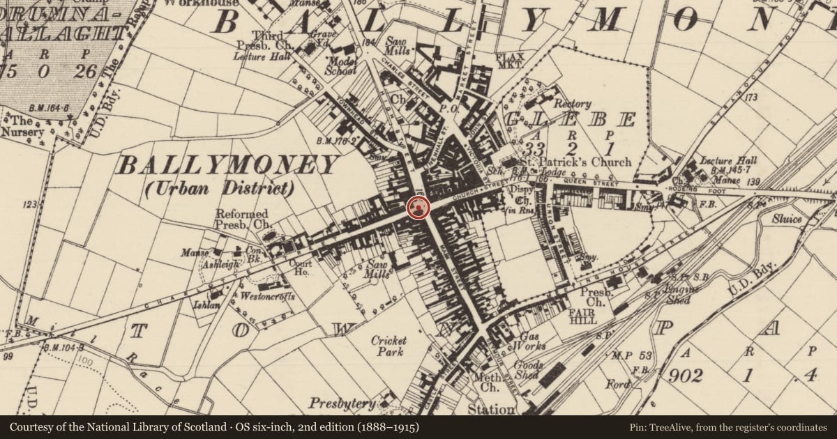 Ordnance Survey six-inch map, 2nd edition (1888–1915) covering the location of Clock Tower, Causeway Coast and Glens, with a pin at the register's coordinates