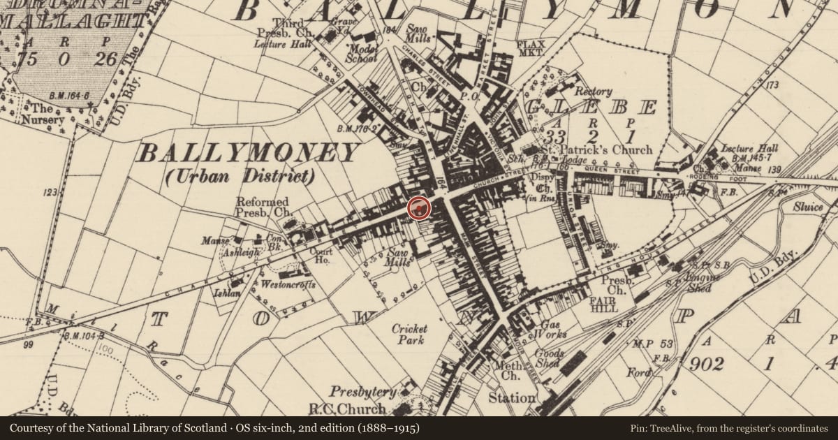 Ordnance Survey six-inch map, 2nd edition (1888–1915) covering the location of 14 Charlotte St., Causeway Coast and Glens, with a pin at the register's coordinates