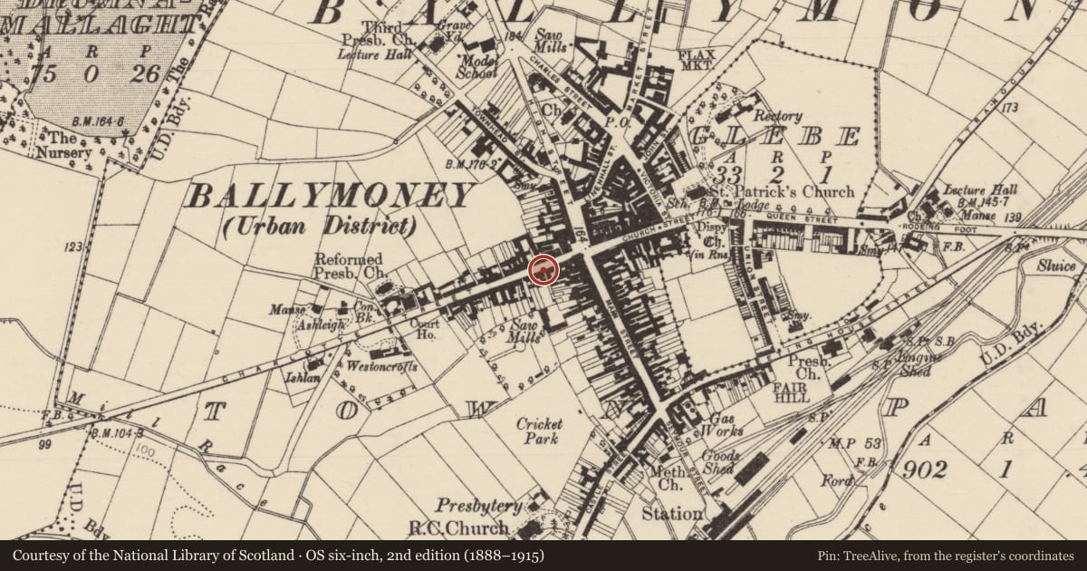 Ordnance Survey six-inch map, 2nd edition (1888–1915) covering the location of 16 Charlotte St., Causeway Coast and Glens, with a pin at the register's coordinates