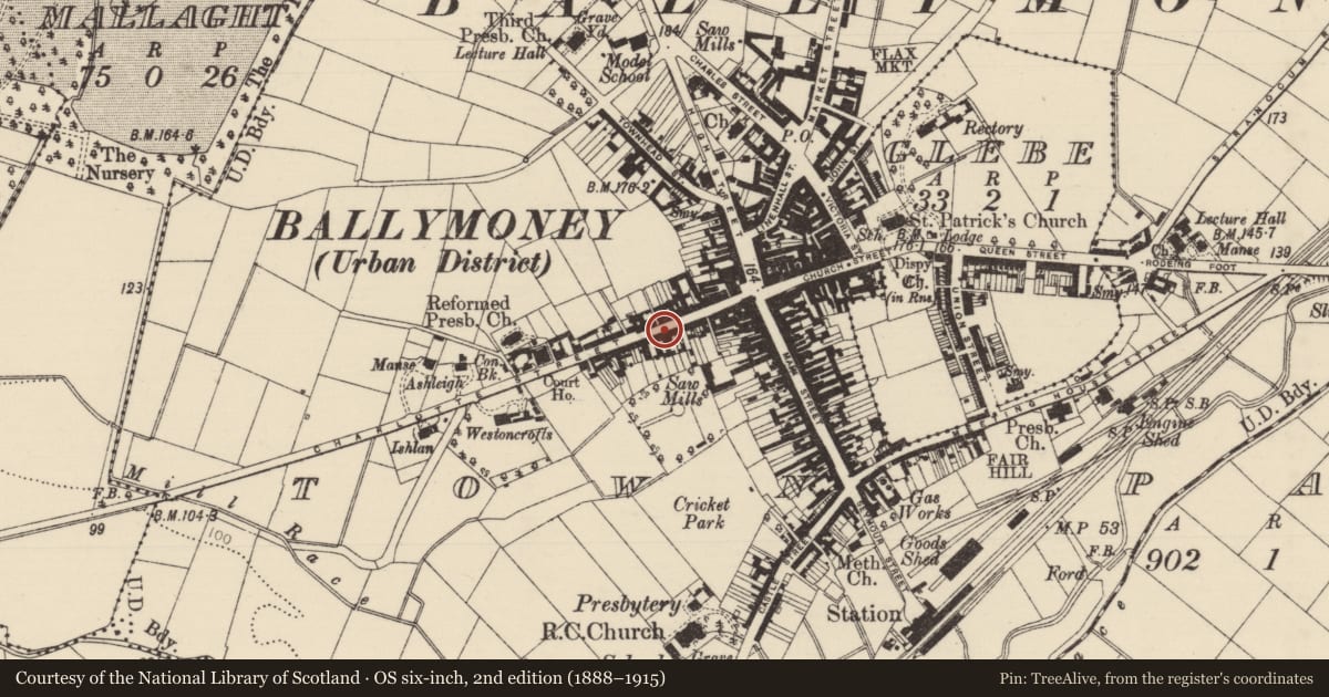 Ordnance Survey six-inch map, 2nd edition (1888–1915) covering the location of 34 Charlotte St., Causeway Coast and Glens, with a pin at the register's coordinates