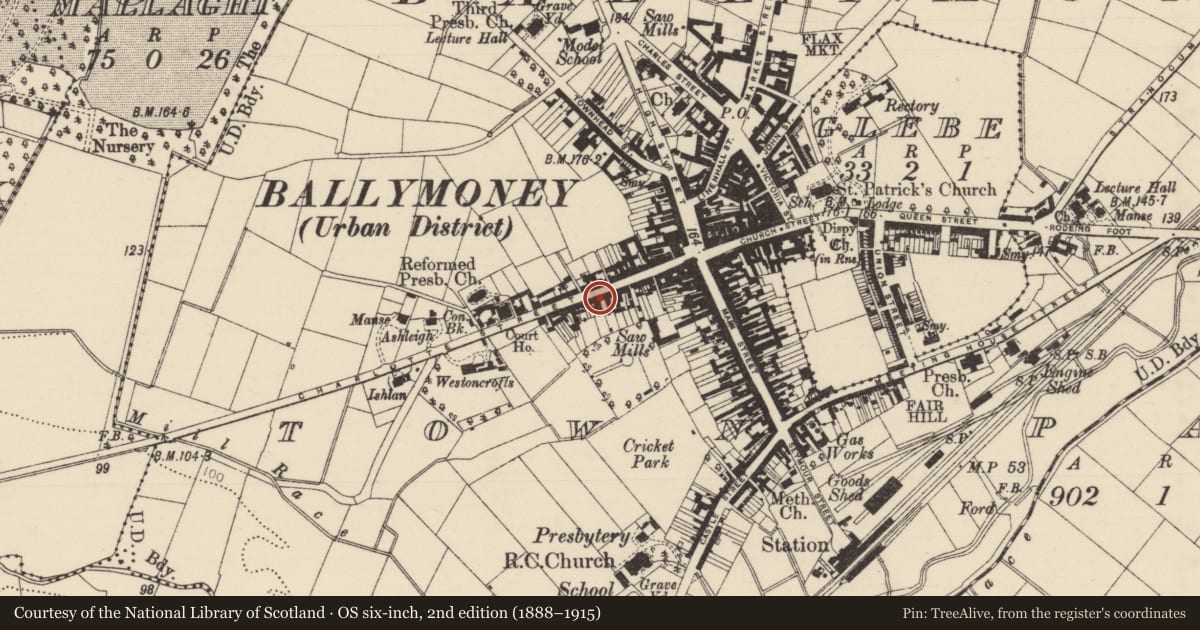 Ordnance Survey six-inch map, 2nd edition (1888–1915) covering the location of 38 Charlotte St., Causeway Coast and Glens, with a pin at the register's coordinates