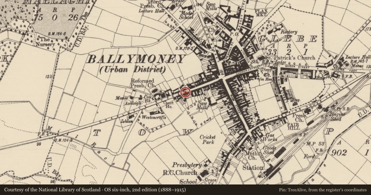 Ordnance Survey six-inch map, 2nd edition (1888–1915) covering the location of 50 Charlotte St., Causeway Coast and Glens, with a pin at the register's coordinates