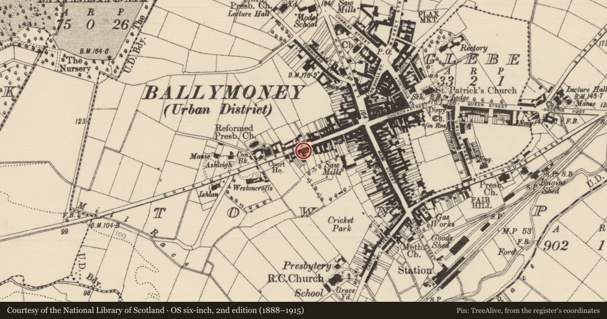 Ordnance Survey six-inch map, 2nd edition (1888–1915) covering the location of 52 Charlotte St., Causeway Coast and Glens, with a pin at the register's coordinates