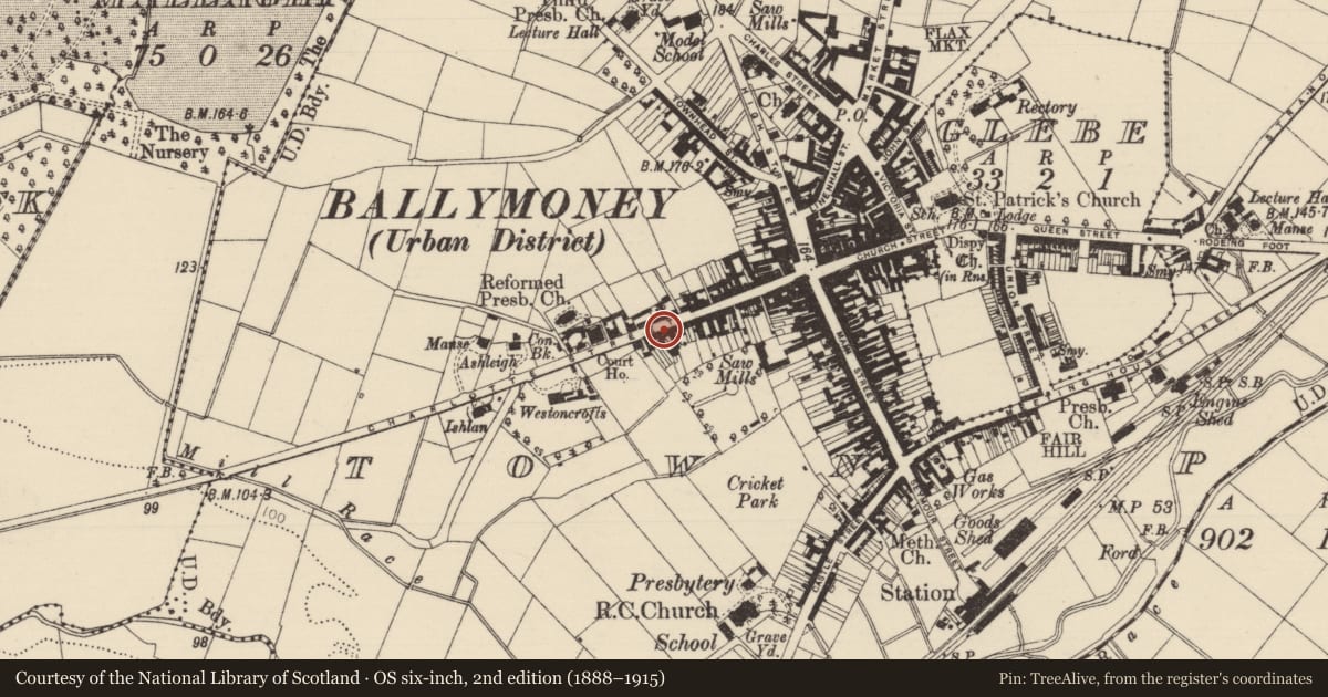 Ordnance Survey six-inch map, 2nd edition (1888–1915) covering the location of 54 Charlotte St., Causeway Coast and Glens, with a pin at the register's coordinates